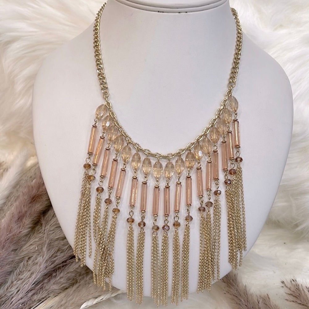 NEW! Champagne Beaded Gold-Toned Metal Fringe Bid Necklace